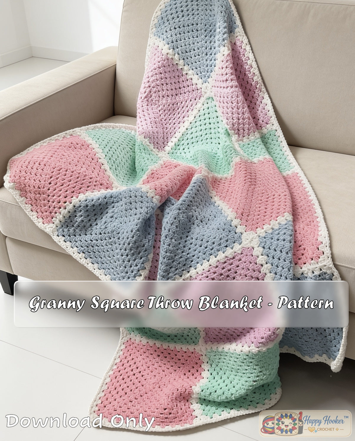 ⭐ Happy Hooker Crochet™ – Granny Square Throw Blanket Pattern (download pattern only)